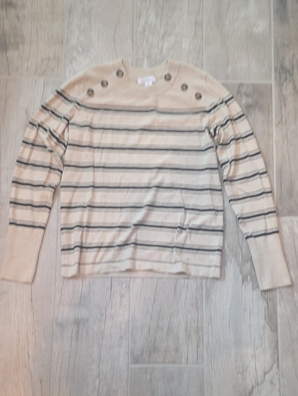 Liz Claiborne Light Tan And Black Striped Crewneck Sweater with Shoulder Buttons